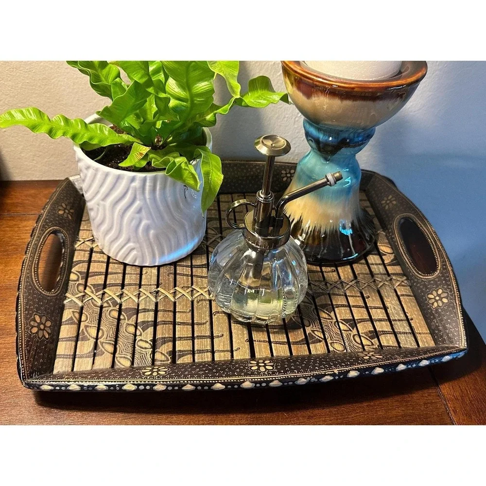 Vintage Handmade Batik Style Bamboo Serving Tray - Black Brown